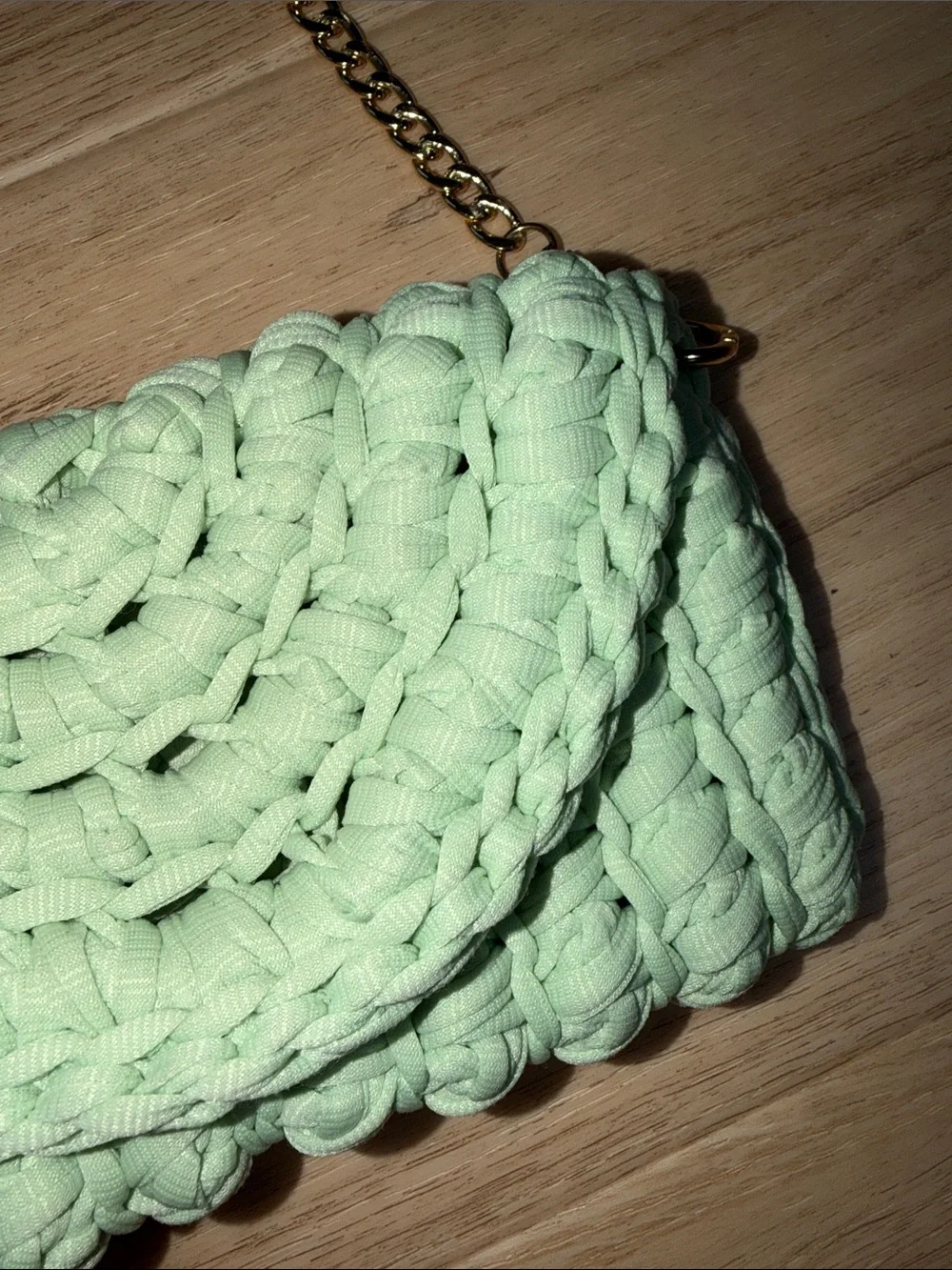 Handmade Mint Green Crochet Chain Shoulder Bag with gold chain NWT
